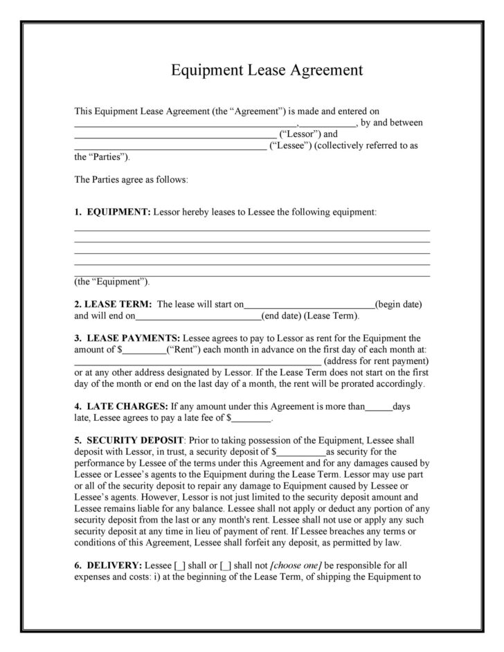 FREE Printable Equipment Lease Agreement