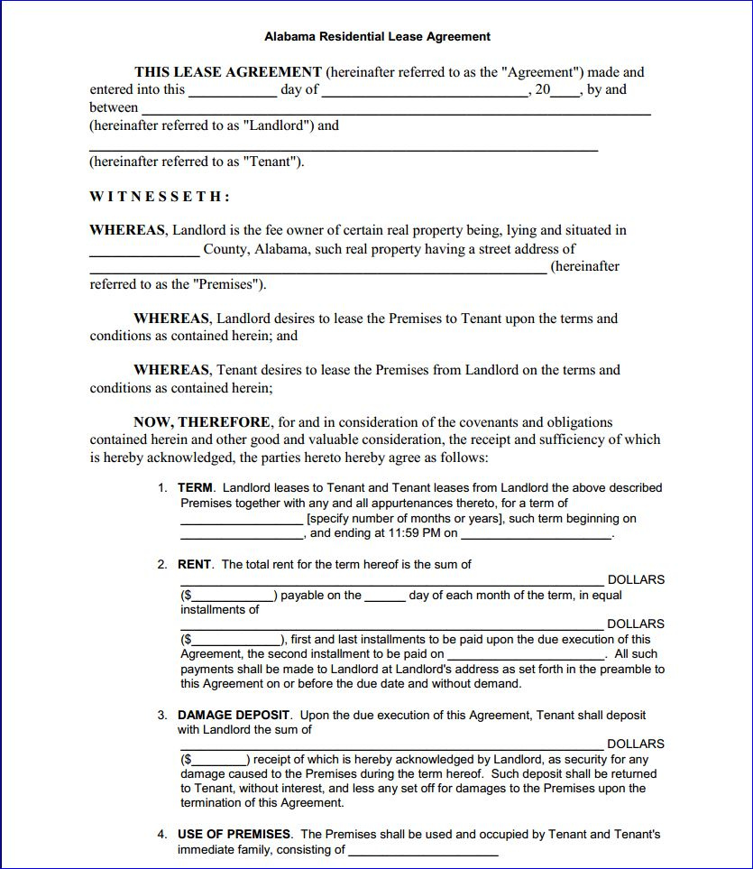 Download Free Alabama Residential Lease Agreement Printable Lease 