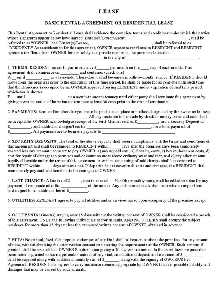 FREE Printable Basic Rental Agreement Or Residential Lease
