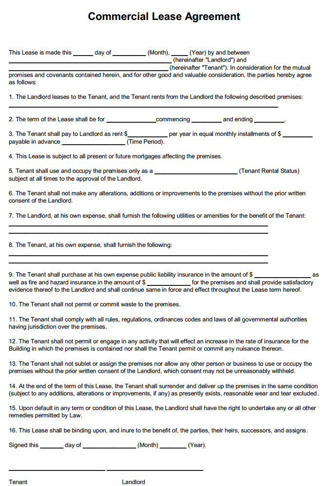 Downloadable Printable Commercial Lease Agreement