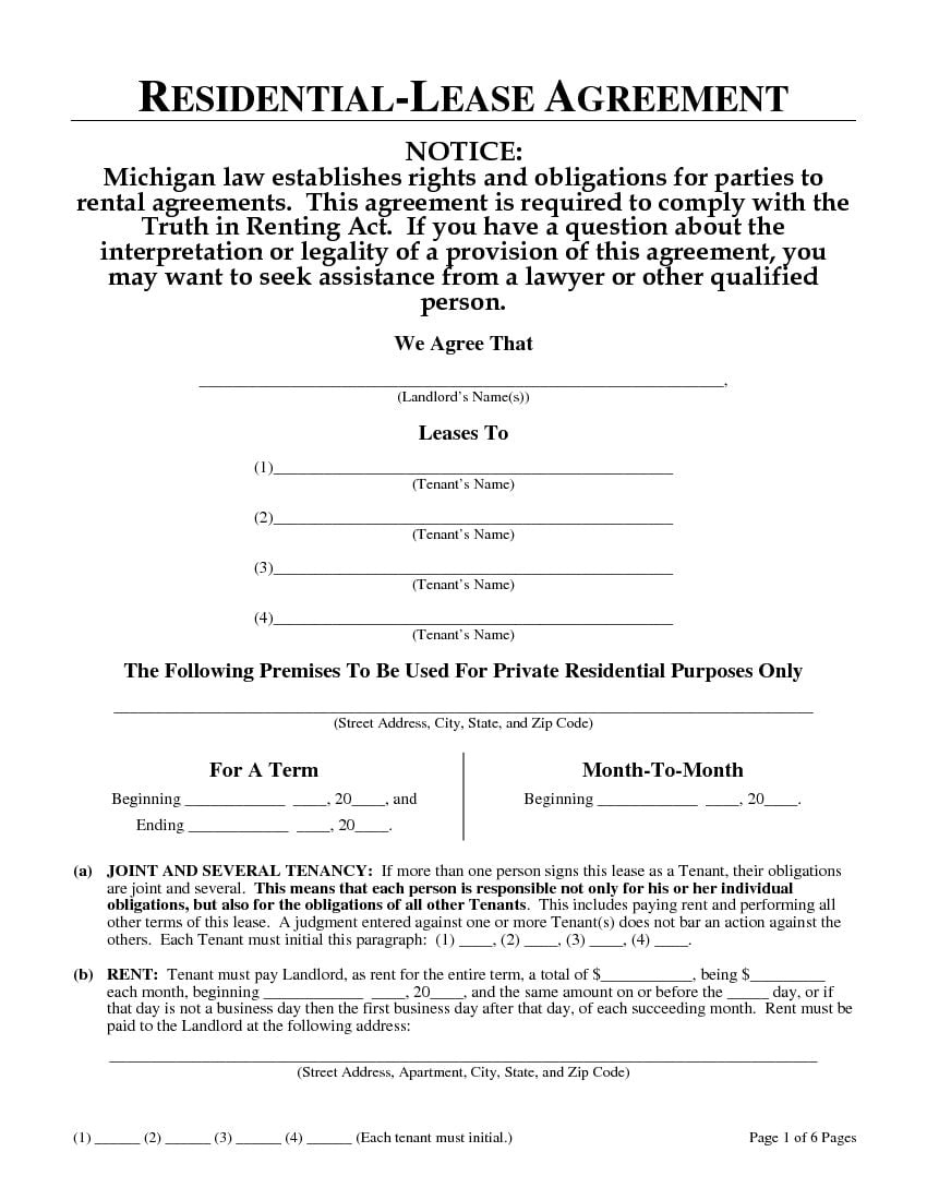 Download Free Michigan Residential Lease Agreement Printable Lease 