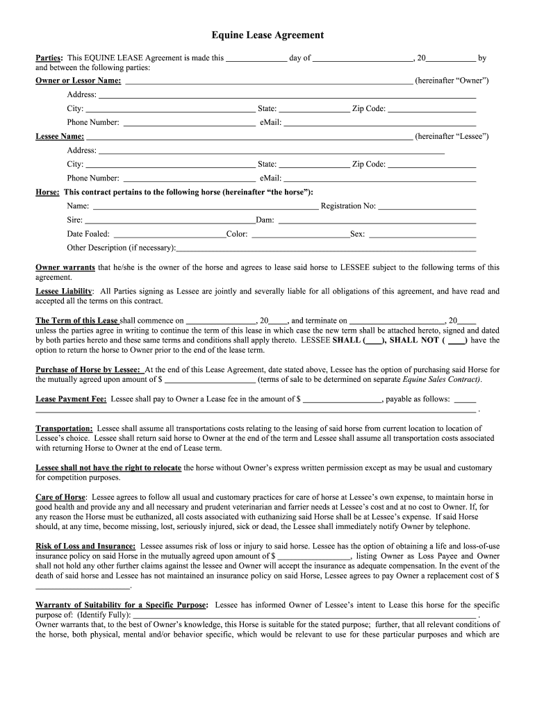 Equine Lease Agreement Fill And Sign Printable Template Online US 