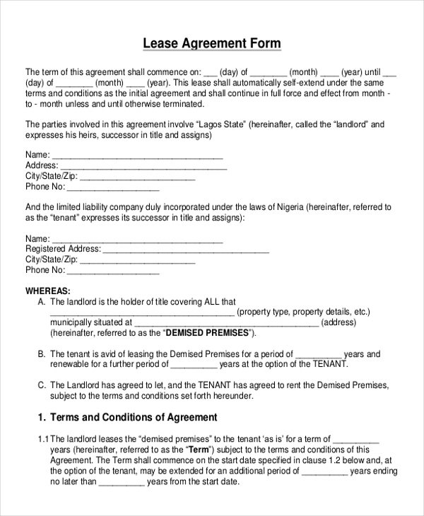 Blank Printable Rental Lease Agreement Form