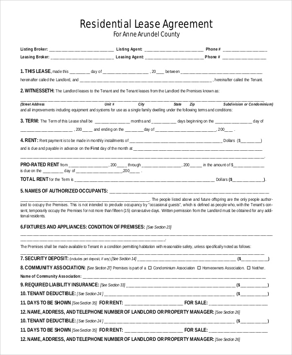 Residential Lease Agreement Template Printable