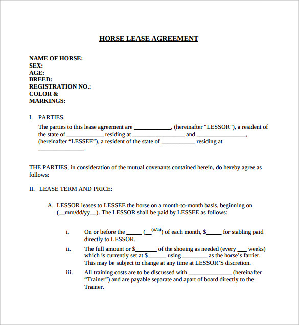FREE 7 Sample Horse Lease Agreement Templates In MS Word PDF 