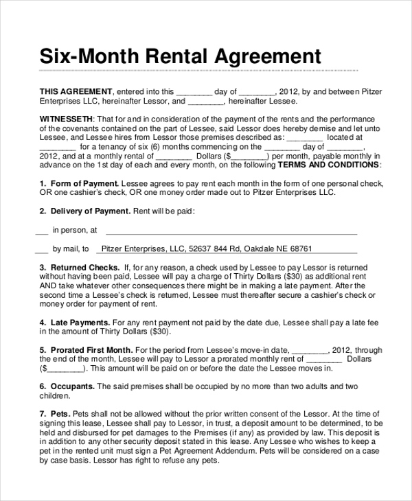 Printable 6 Month Lease Agreement