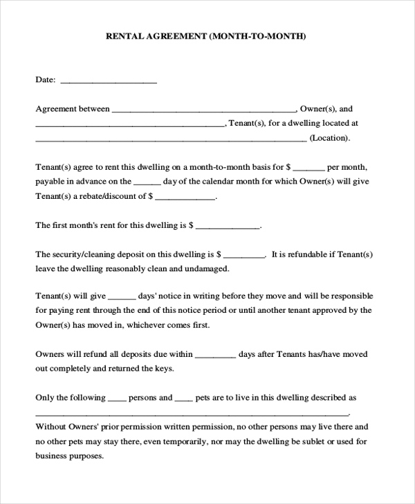 FREE 8 Sample Month To Month Rental Agreement Forms In PDF MS Word
