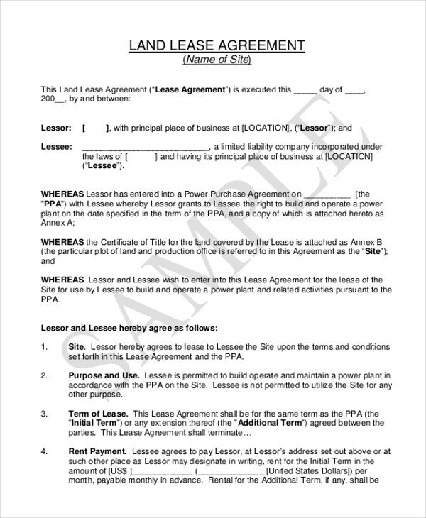 Land Lease Agreement Form Printable