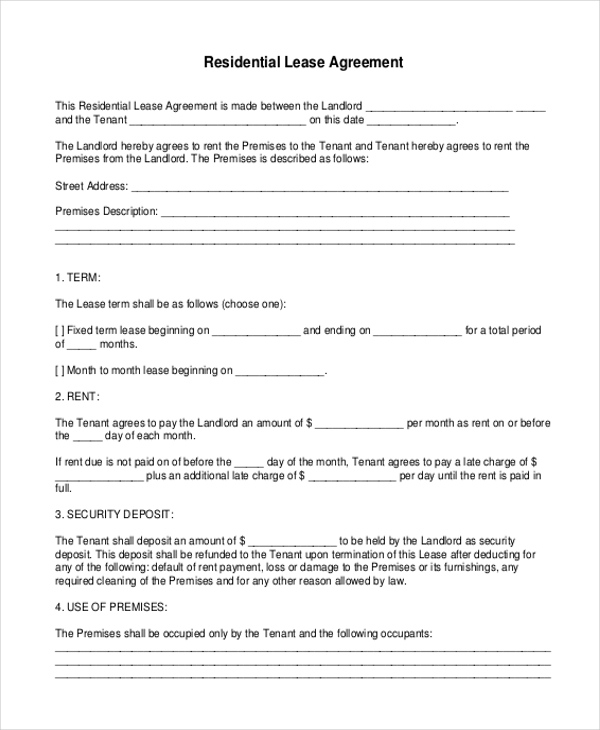 Residential Lease Agreement FREE Printable