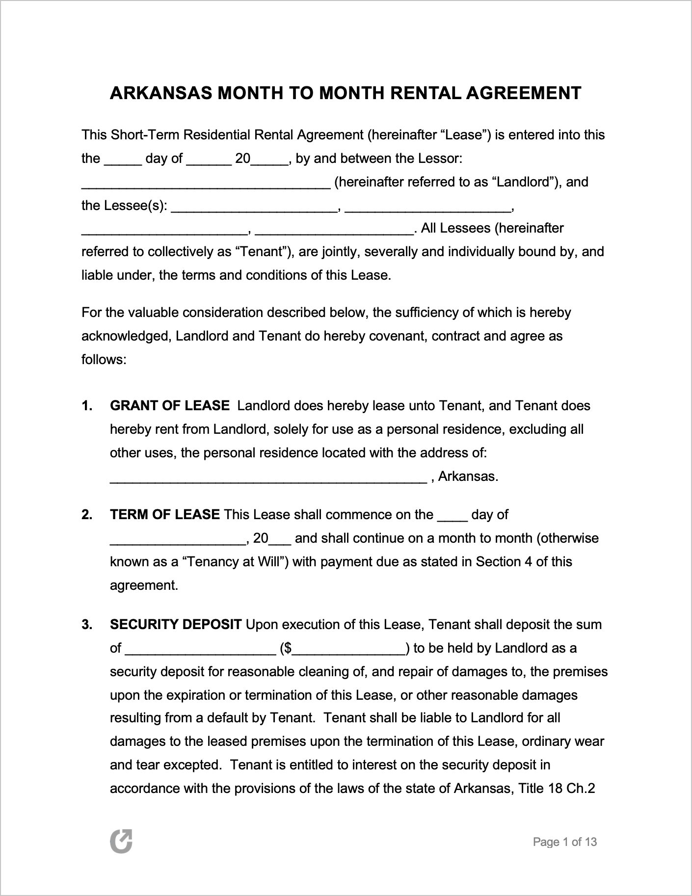 Free Arkansas Month to Month Lease Agreement PDF WORD RTF