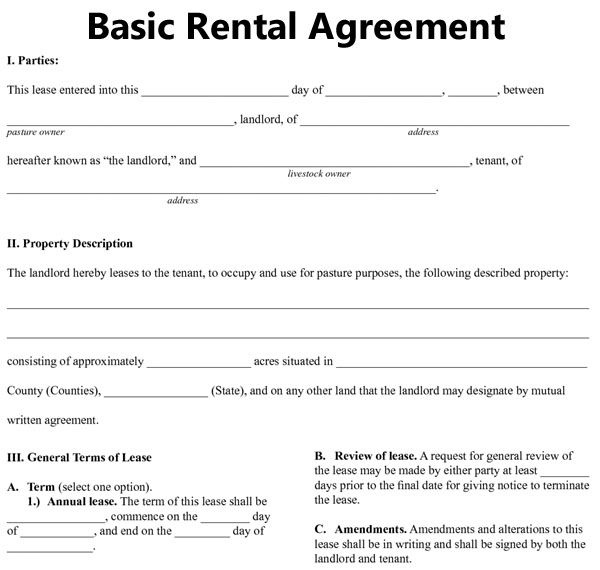 Free Blank Lease Agreement Basic Rental Agreement Fillable 39 