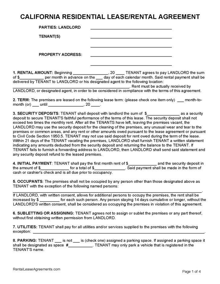FREE Printable CA Lease Agreement