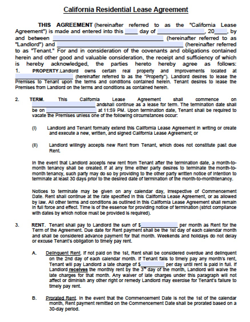 Free California Standard Residential Lease Agreement Template PDF Word