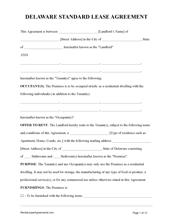 FREE Printable Delaware Lease Agreement