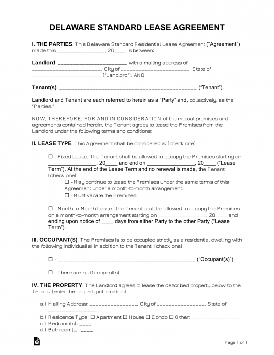Free Delaware Standard Residential Lease Agreement Template Word 