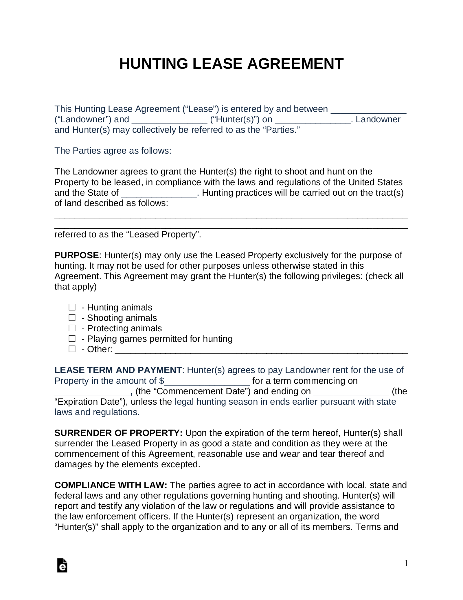 Free Hunting Lease Agreement PDF Word EForms