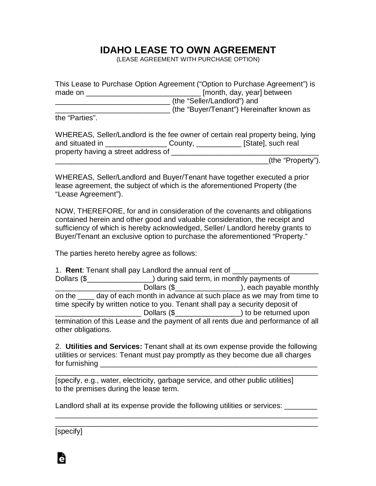 Free Idaho Rent to Own Lease Agreement PDF Word EForms