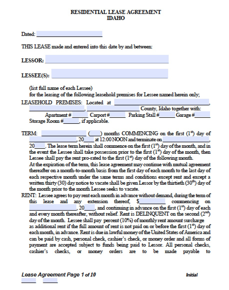 Free Idaho Residential Lease Agreement Template PDF Word doc 