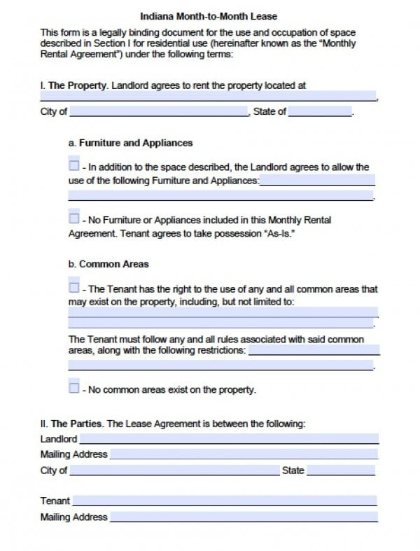 Free Indiana Month to Month Lease Agreement PDF Word doc 
