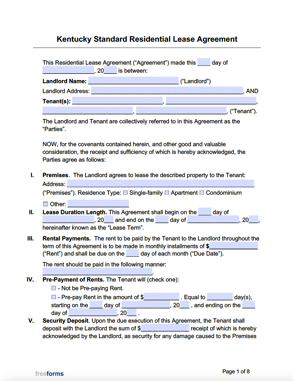 Free Kentucky Standard Residential Lease Agreement Template PDF WORD