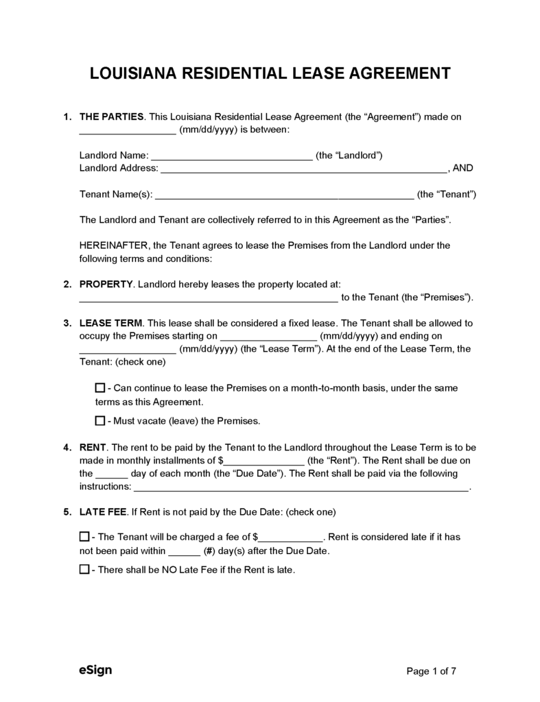 Free Louisiana Standard Residential Lease Agreement PDF Word
