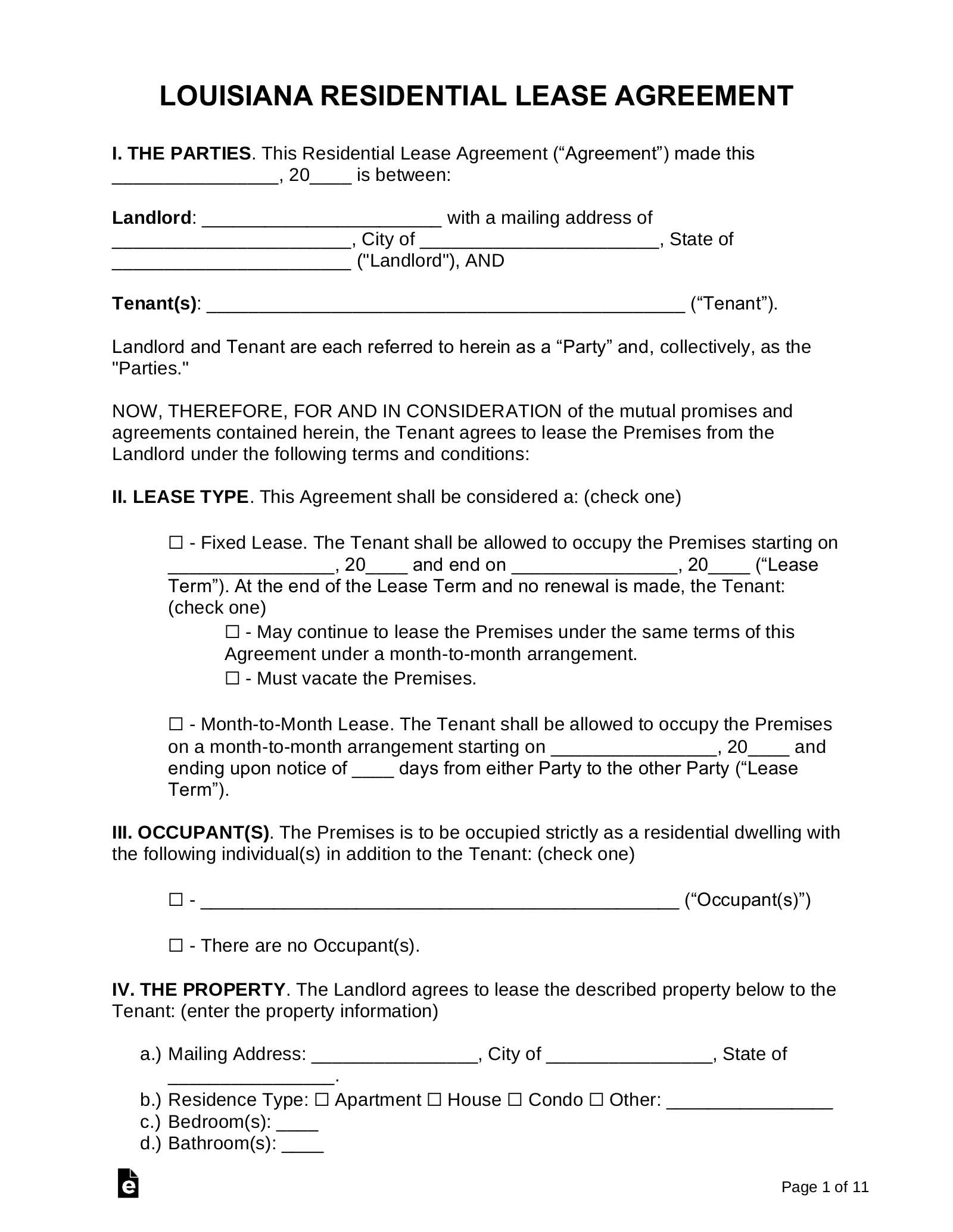 Free Louisiana Standard Residential Lease Agreement Template Word 