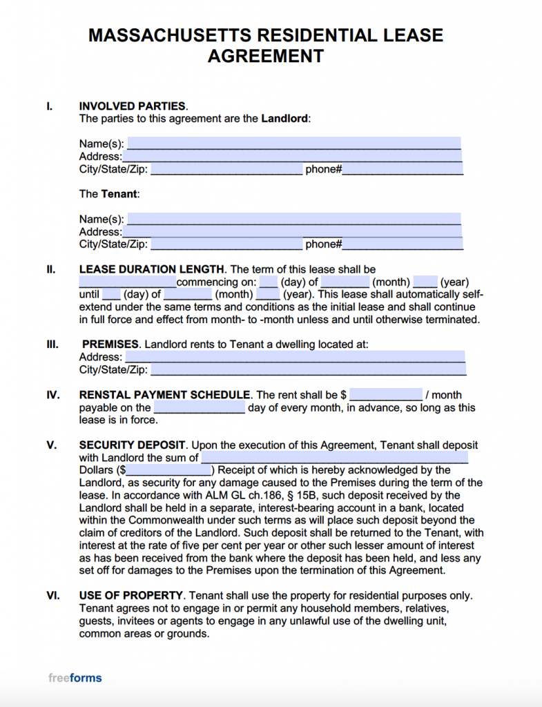Free Massachusetts Rental Lease Agreement Templates PDF WORD