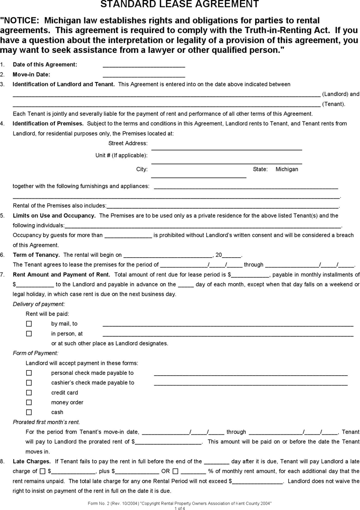 Free Michigan Standard Lease Agreement Form PDF 35KB 4 Page s 