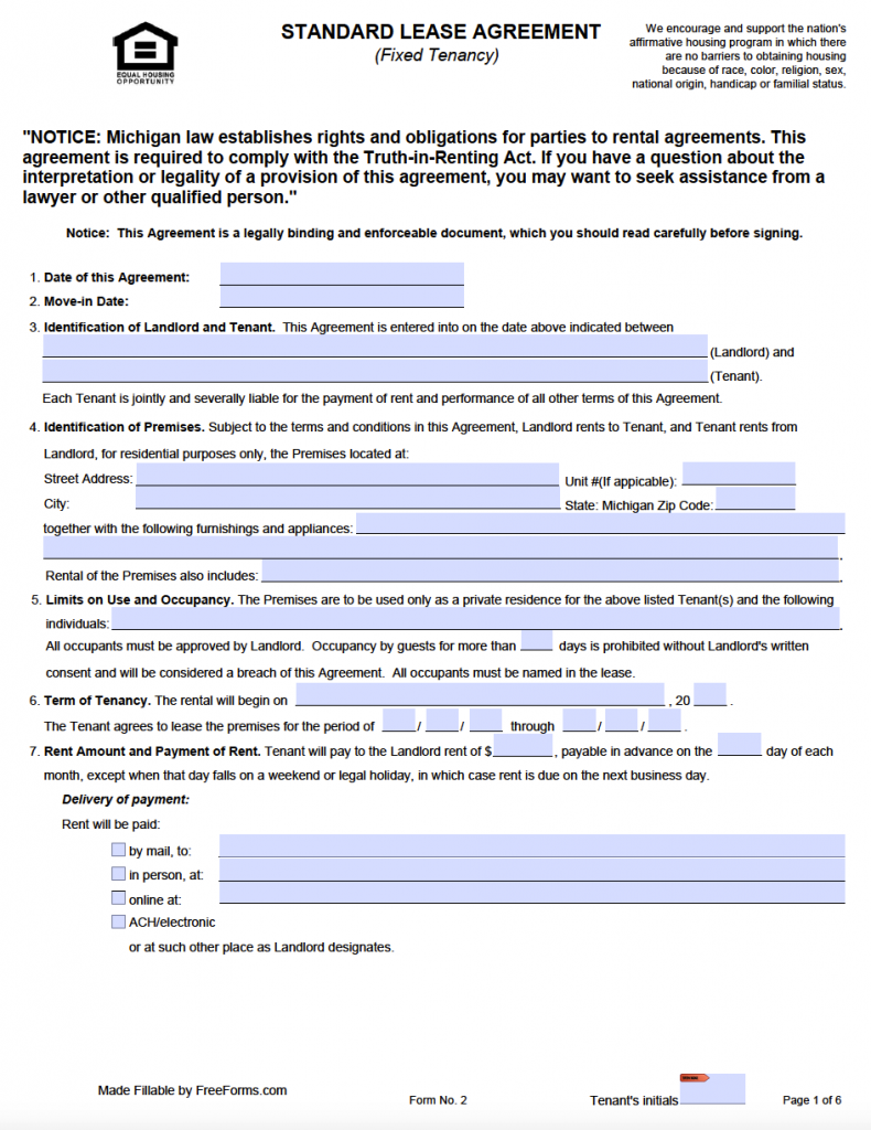 Free Michigan Standard Residential Lease Agreement Template PDF WORD