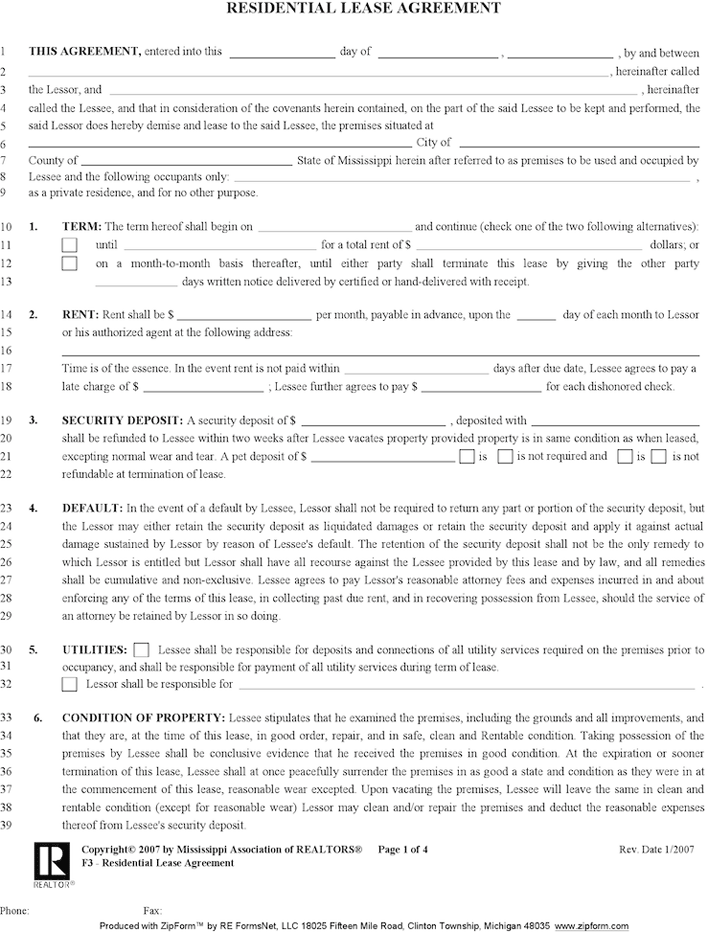 Free Mississippi Residential Lease Agreement Form PDF 105KB 4 Page s 