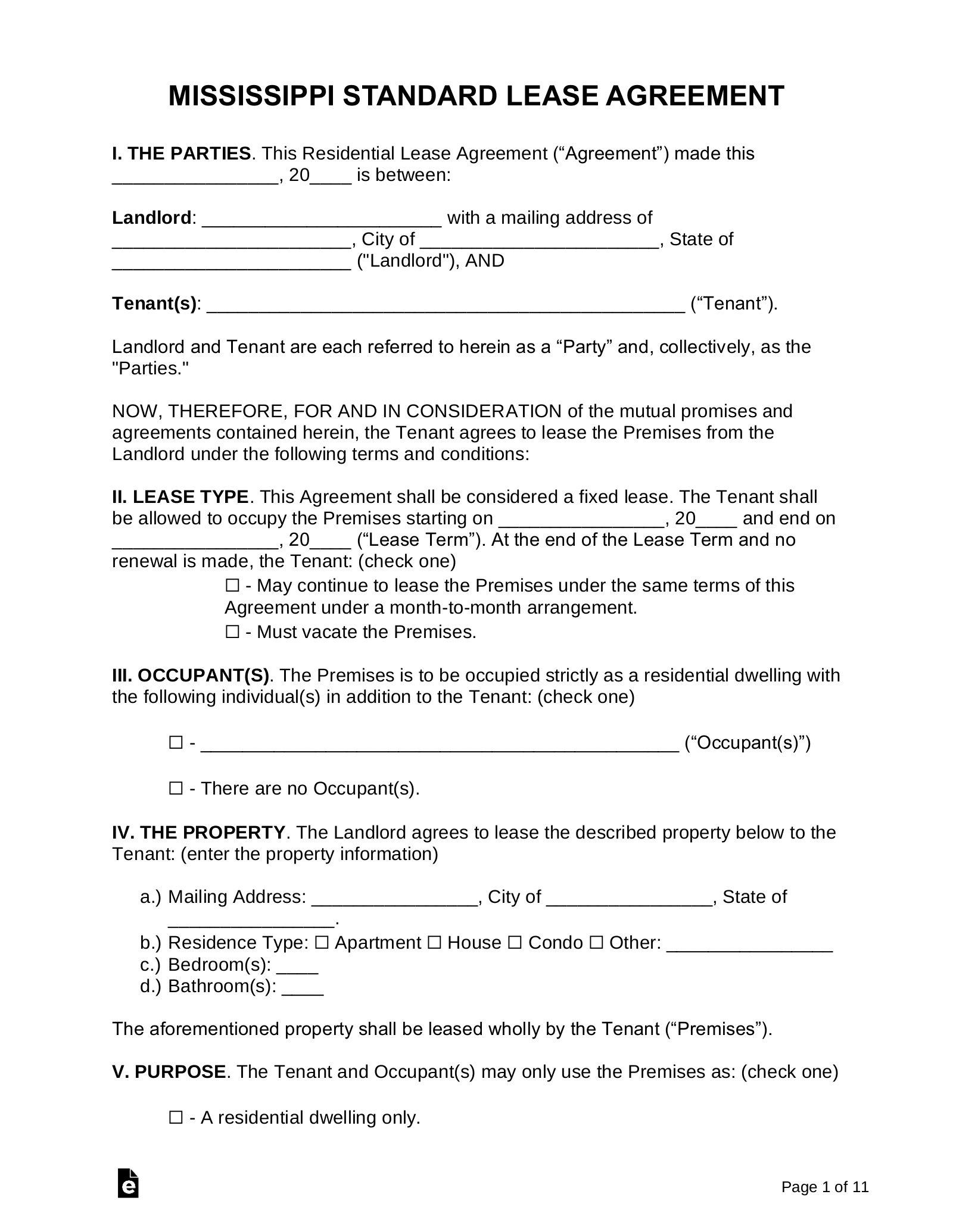 Free Mississippi Standard Residential Lease Agreement Form Word PDF 