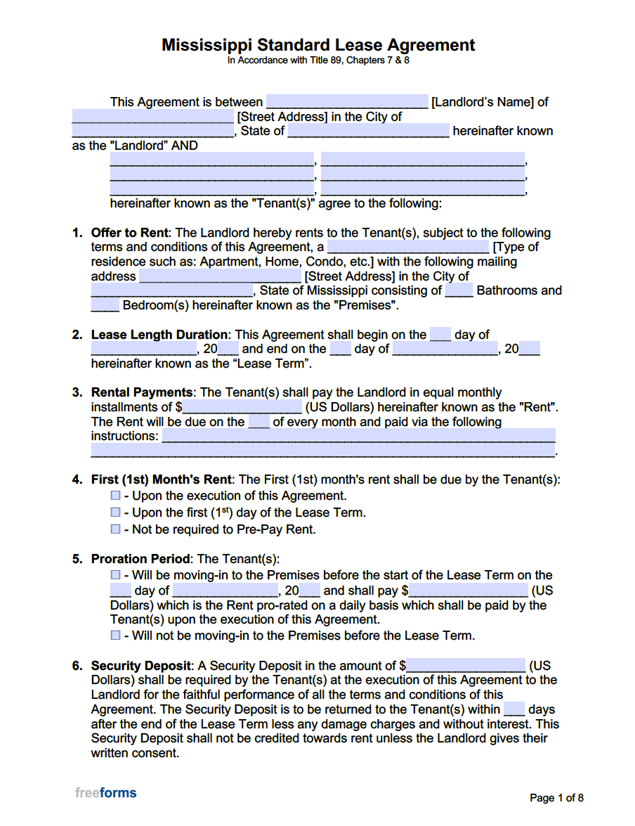 Free Mississippi Standard Residential Lease Agreement Template PDF WORD