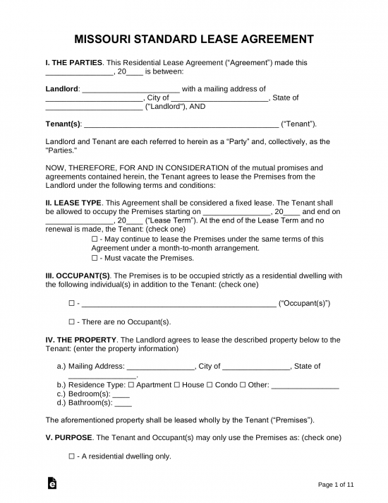 Free Missouri Standard Residential Lease Agreement PDF Word EForms
