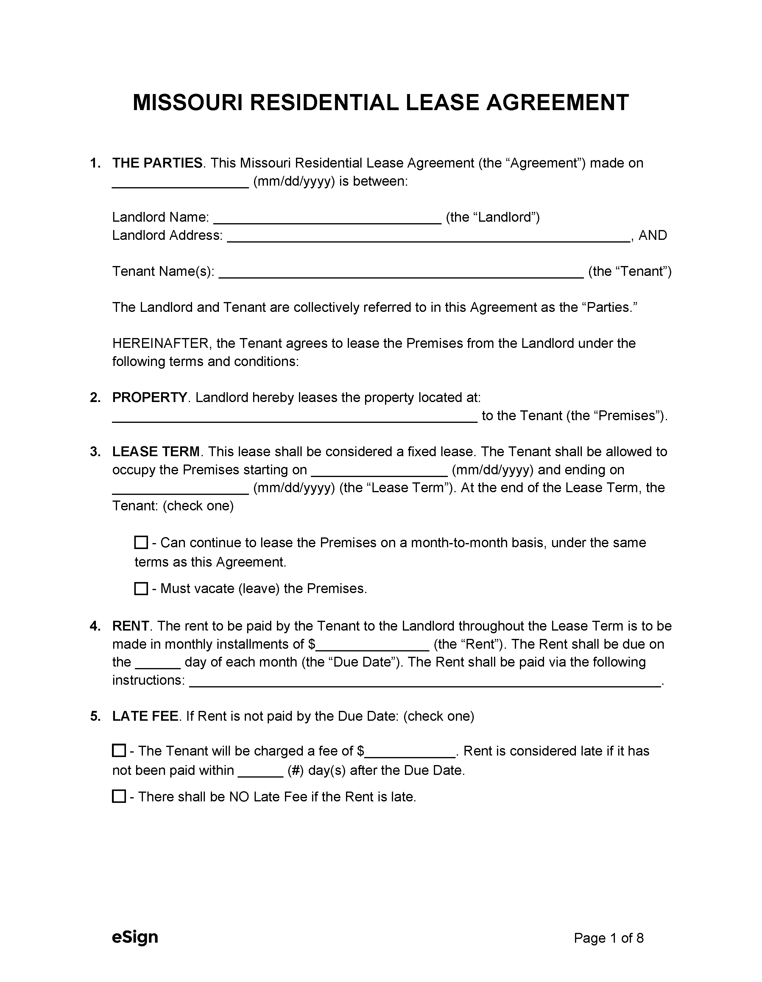 Free Missouri Standard Residential Lease Agreement PDF Word