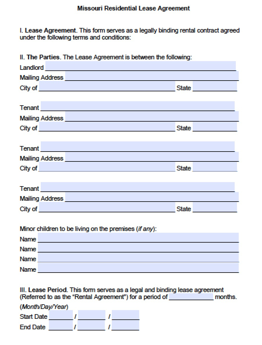 Free Missouri Standard Residential Lease Agreement Template PDF Word