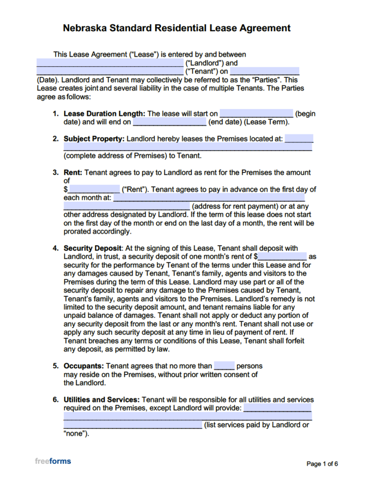 Free Nebraska Standard Residential Lease Agreement Template PDF WORD ...