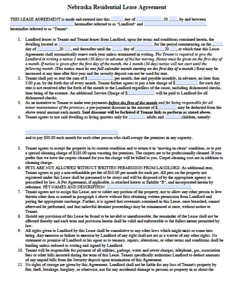 Free Nebraska Standard Residential Lease Agreement Template PDF Word
