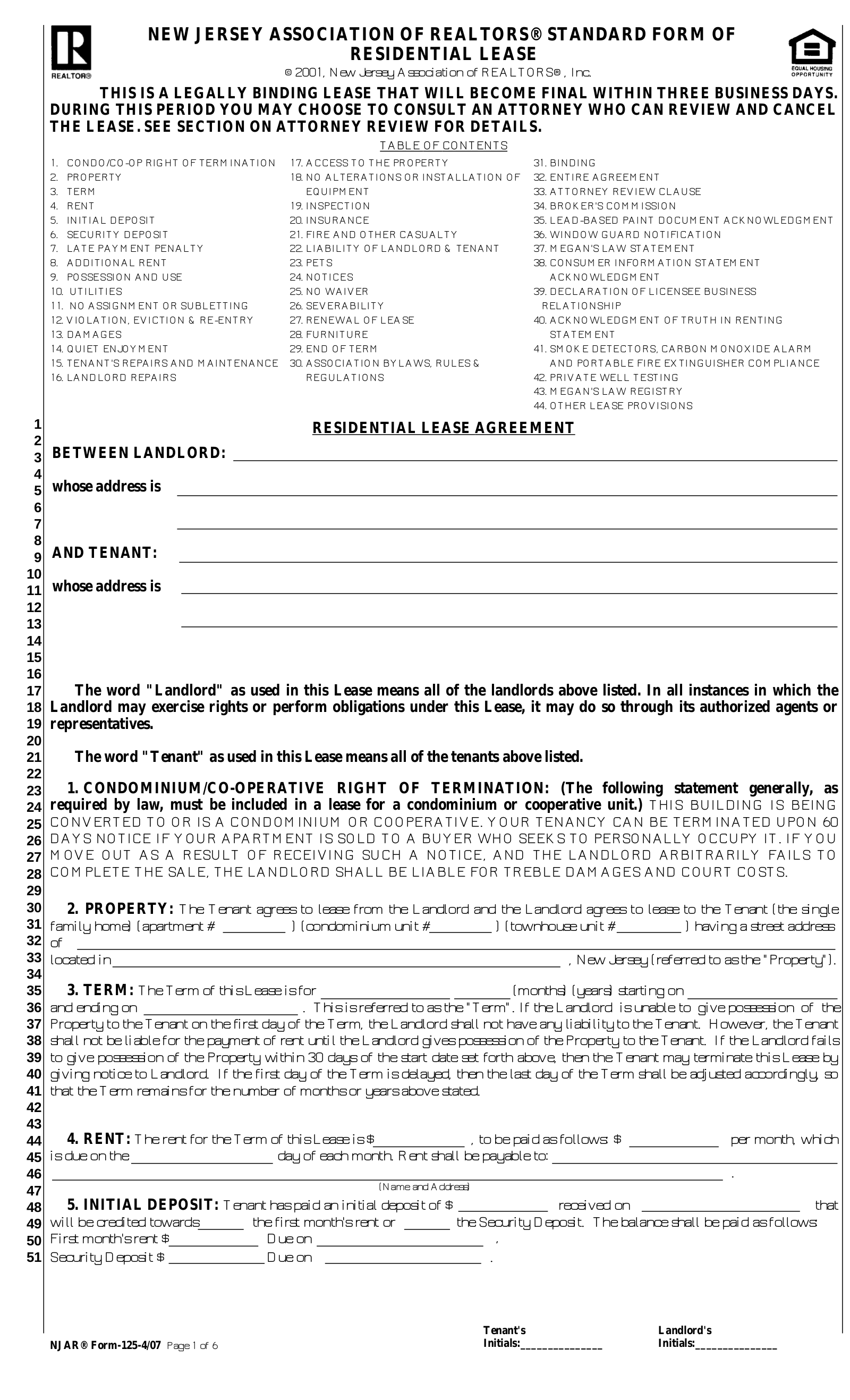 Free New Jersey Association Of Realtors Lease Agreement Form PDF EForms