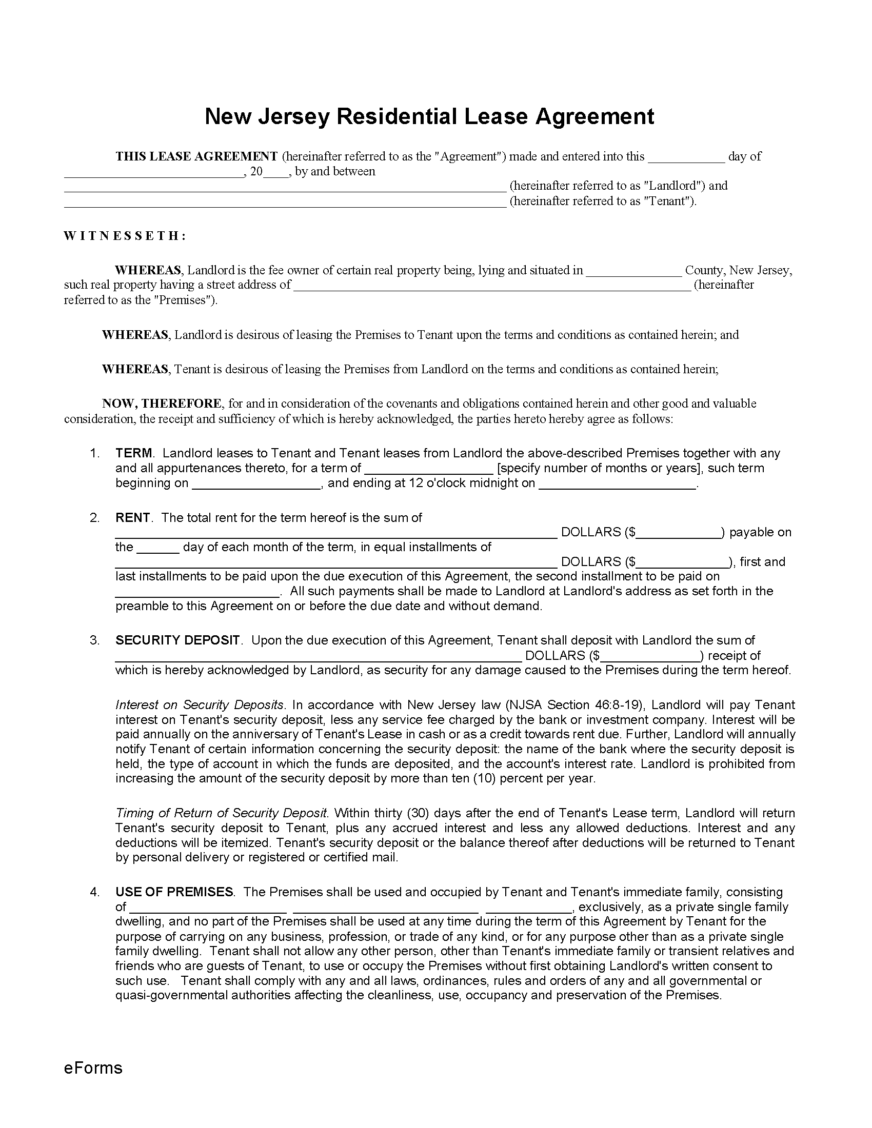 Free New Jersey Standard Residential Lease Agreement Form Word PDF 