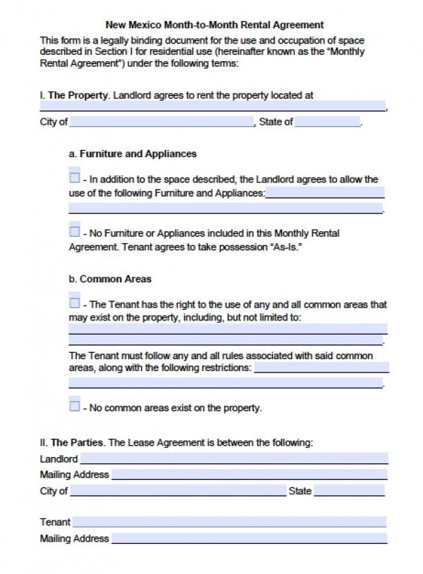 Free New Mexico Month to Month Lease Agreement PDF Word doc 