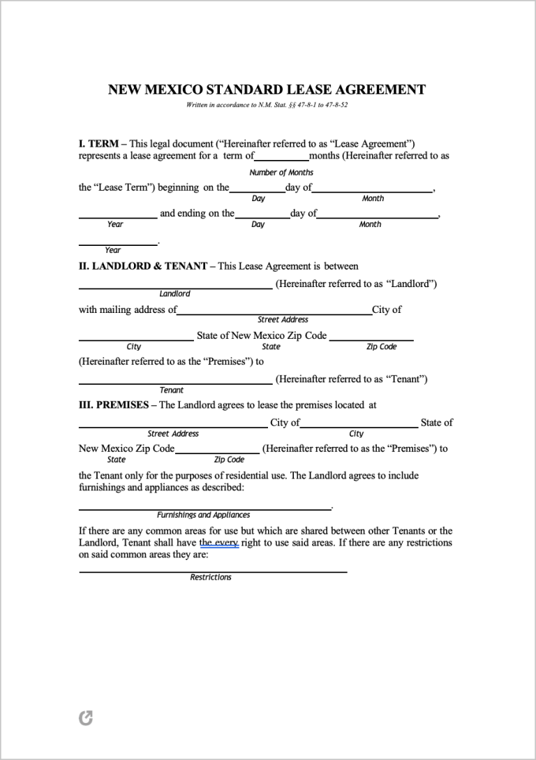 Free New Mexico Rental Lease Agreement Templates PDF WORD