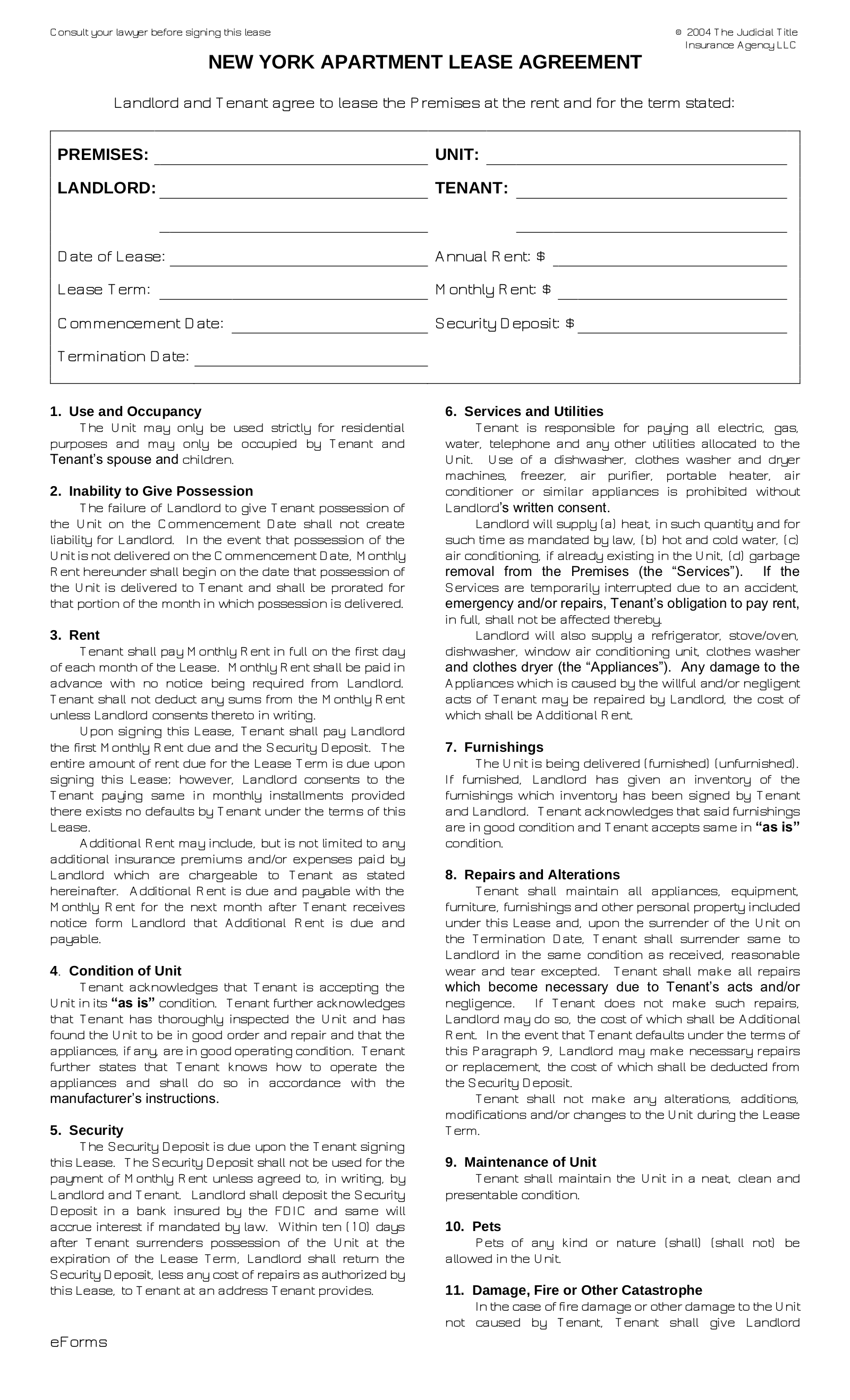 Free New York Standard Apartment Lease Agreement Form Word PDF EForms