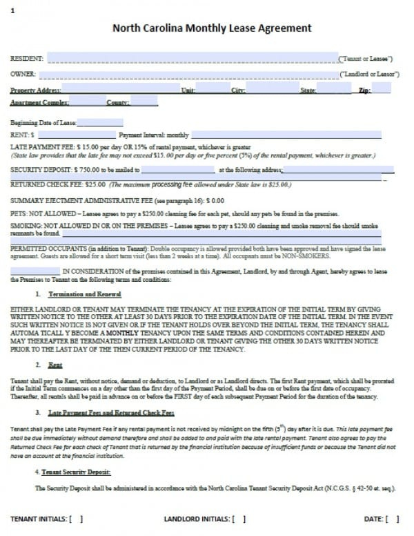 Free North Carolina Month to Month Lease Agreement PDF Word doc 
