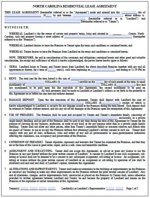 Free North Carolina Standard Residential Lease Agreement PDF Template