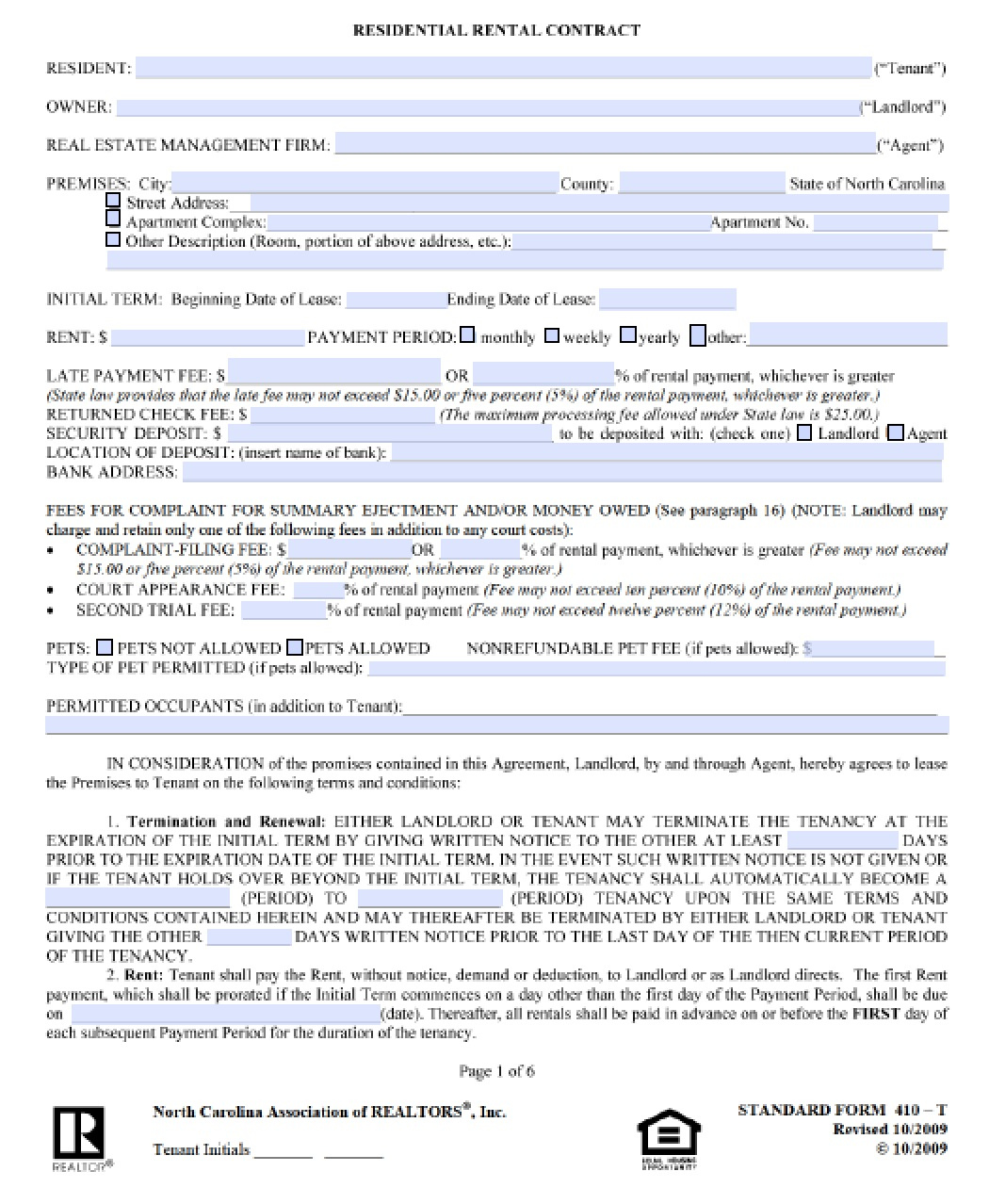 Free North Carolina Standard Residential Lease Agreement Template PDF 