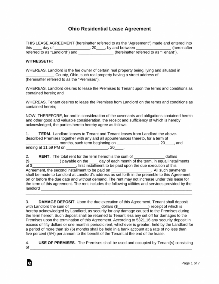 Printable Rental Lease Agreement Ohio