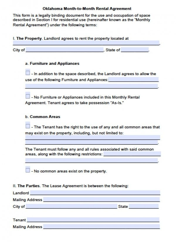 Free Oklahoma Month to Month Lease Agreement PDF Word doc 