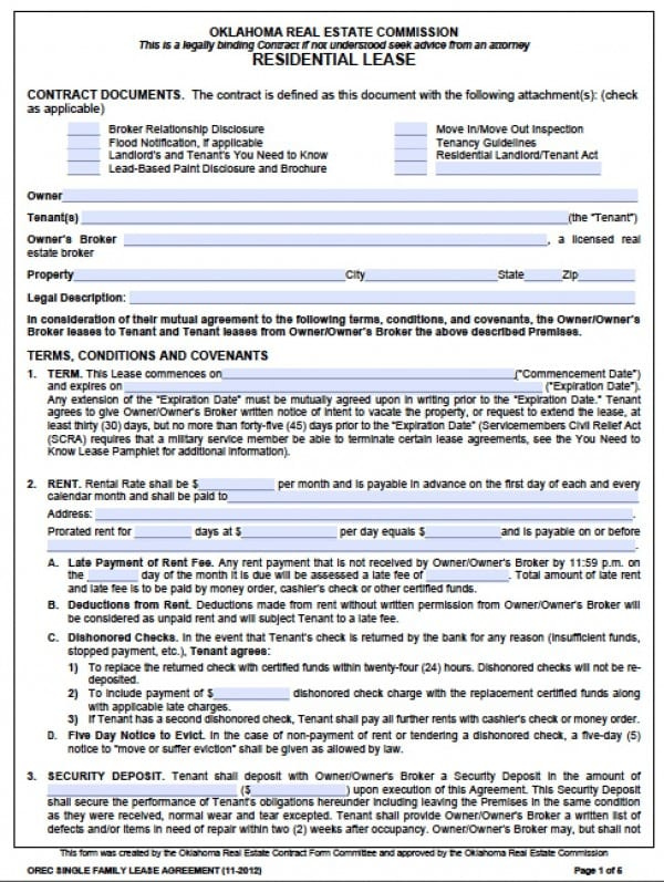 Free Oklahoma Standard One 1 Year Residential Lease Agreement PDF 