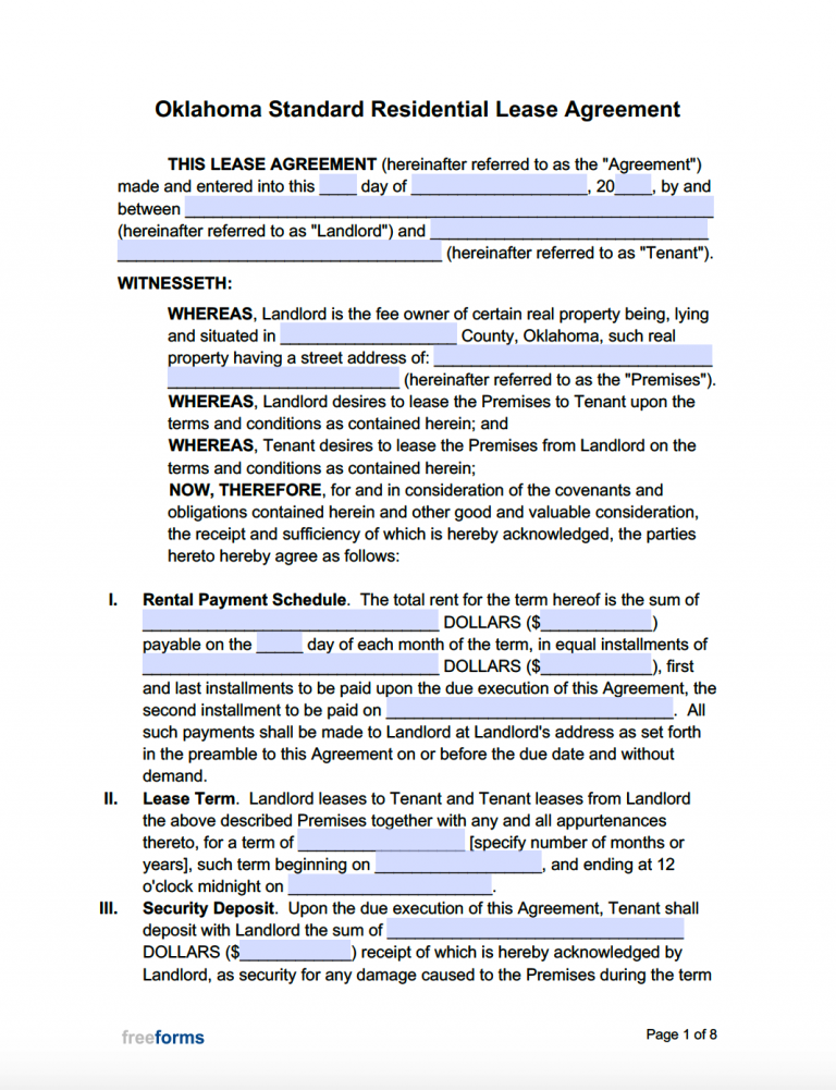 Free Oklahoma Standard Residential Lease Agreement Template PDF WORD