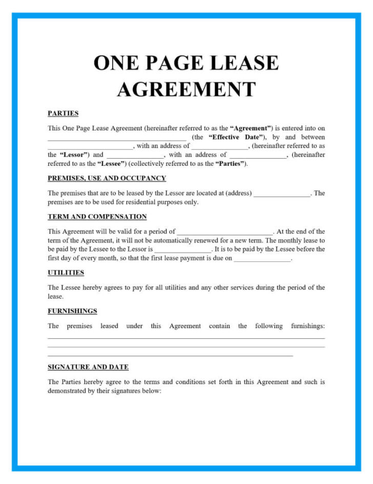 FREE Printable 1 Page Lease Agreement